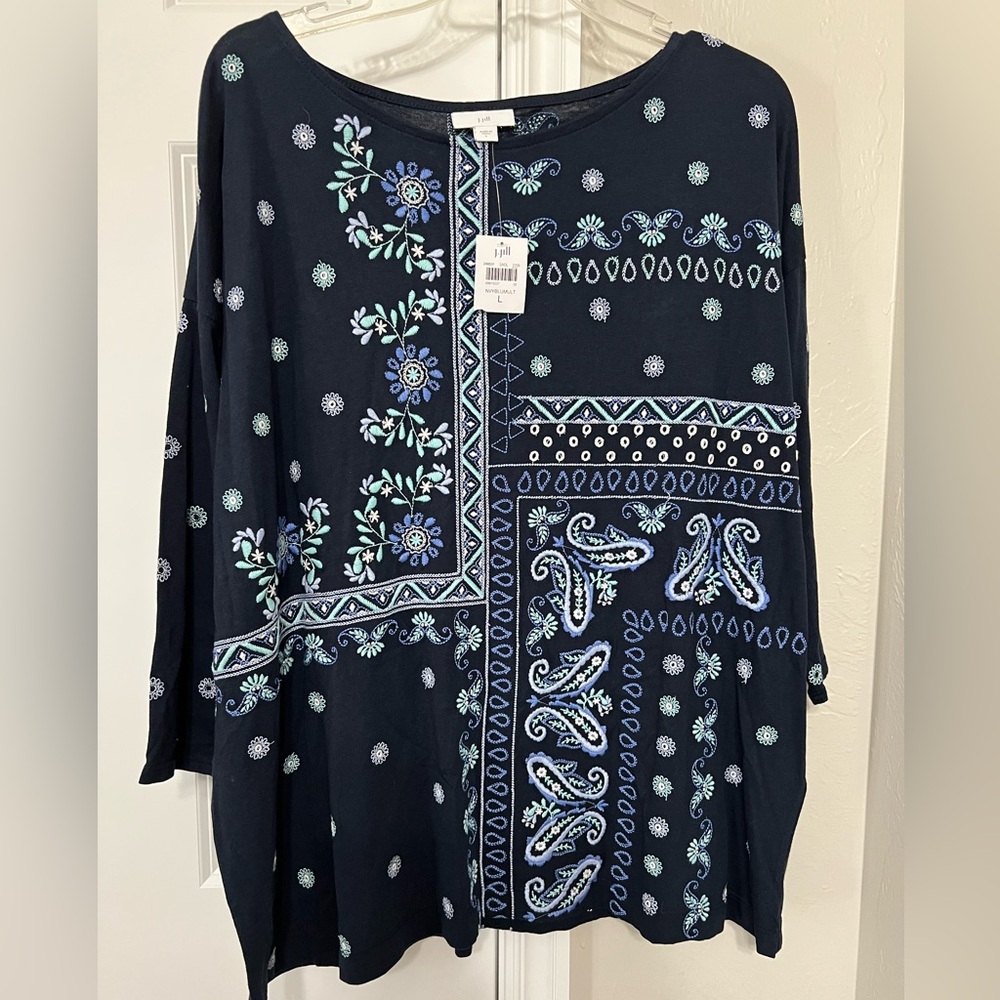 NWT J.Jill Navy Embroidered Tunic - Large